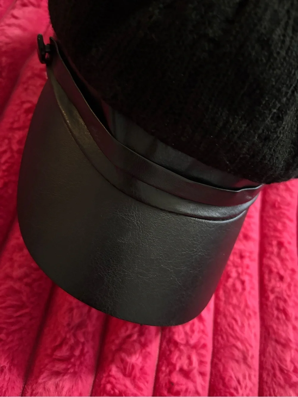Black Knit Cadet Hat with Faux Leather Brim | One Size | Classic Newsboy Cap